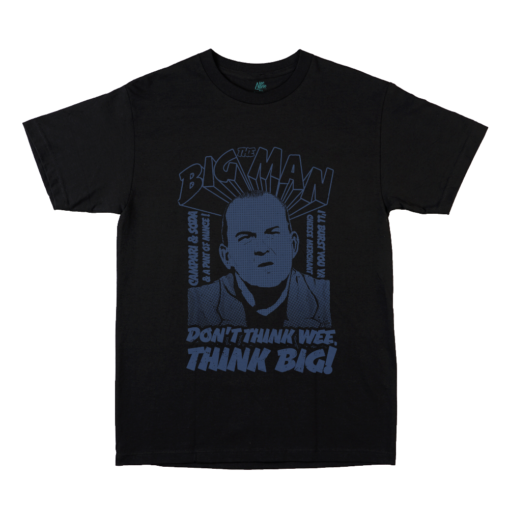 NaeName The Big Man Chewin' the Fat distressed design. DTF printed onto premium heavyweight cotton T-shirt. Made in Glasgow. Scotland t-shirts.