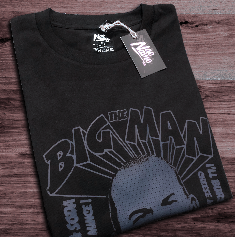 NaeName The Big Man Chewin' the Fat distressed design. DTF printed onto premium heavyweight cotton T-shirt. Made in Glasgow. Scotland t-shirts.