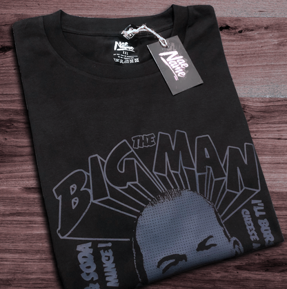 NaeName The Big Man Chewin' the Fat distressed design. DTF printed onto premium heavyweight cotton T-shirt. Made in Glasgow. Scotland t-shirts.