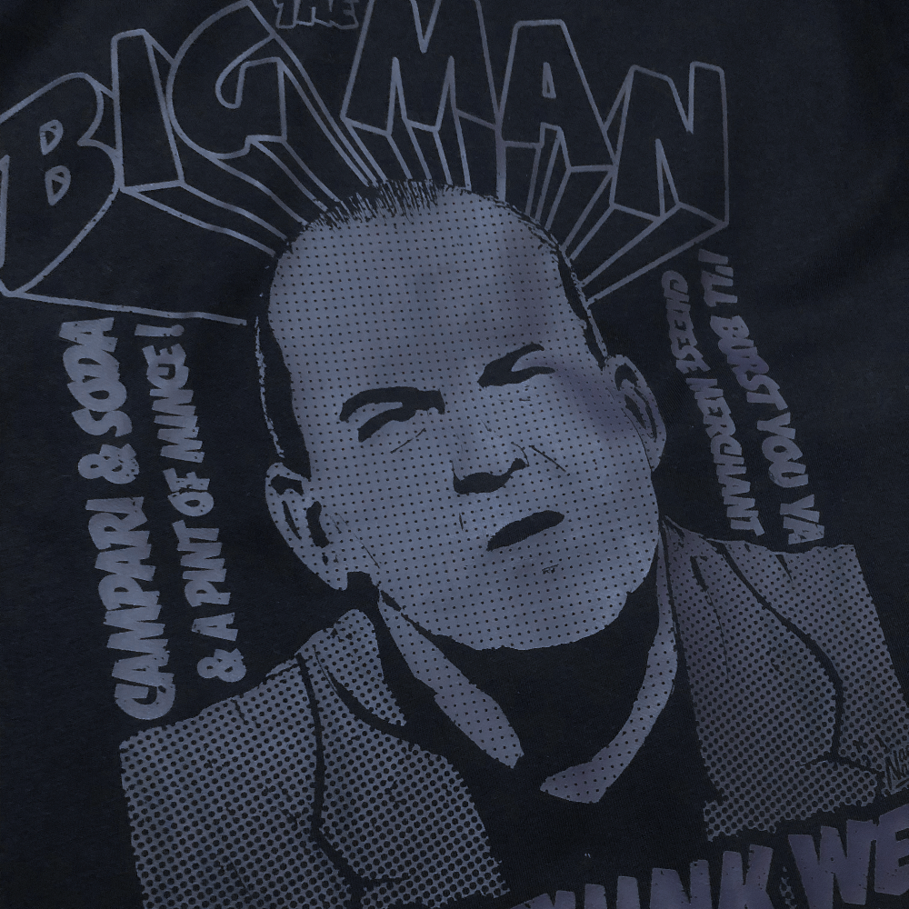 NaeName The Big Man Chewin' the Fat distressed design. DTF printed onto premium heavyweight cotton T-shirt. Made in Glasgow. Scotland t-shirts.