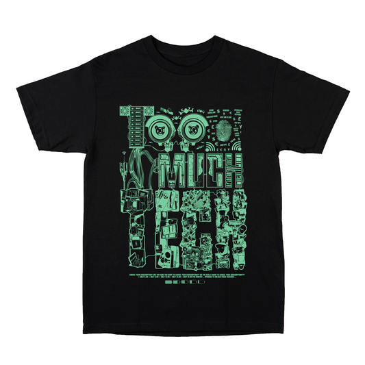 Too Much Tech black graphic t-shirt front view printed on 100% organic cotton. NaeName Apparel made in Glasgow